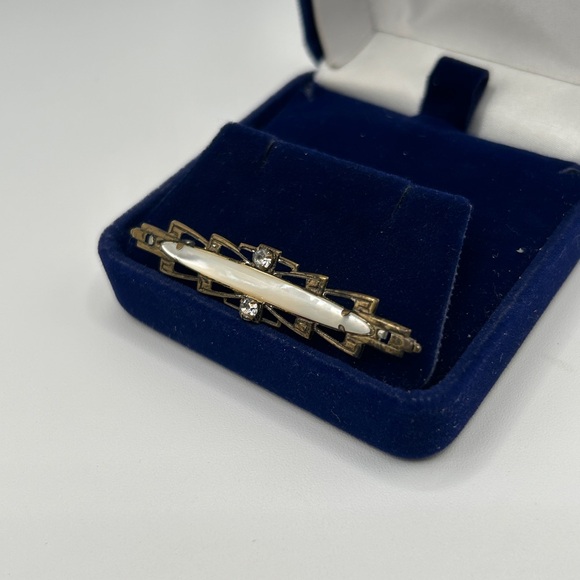 Art Nouveau Bar Pin Brooch Mother of Pearl and Crystal Rhinestones Rare Antique - Picture 4 of 11